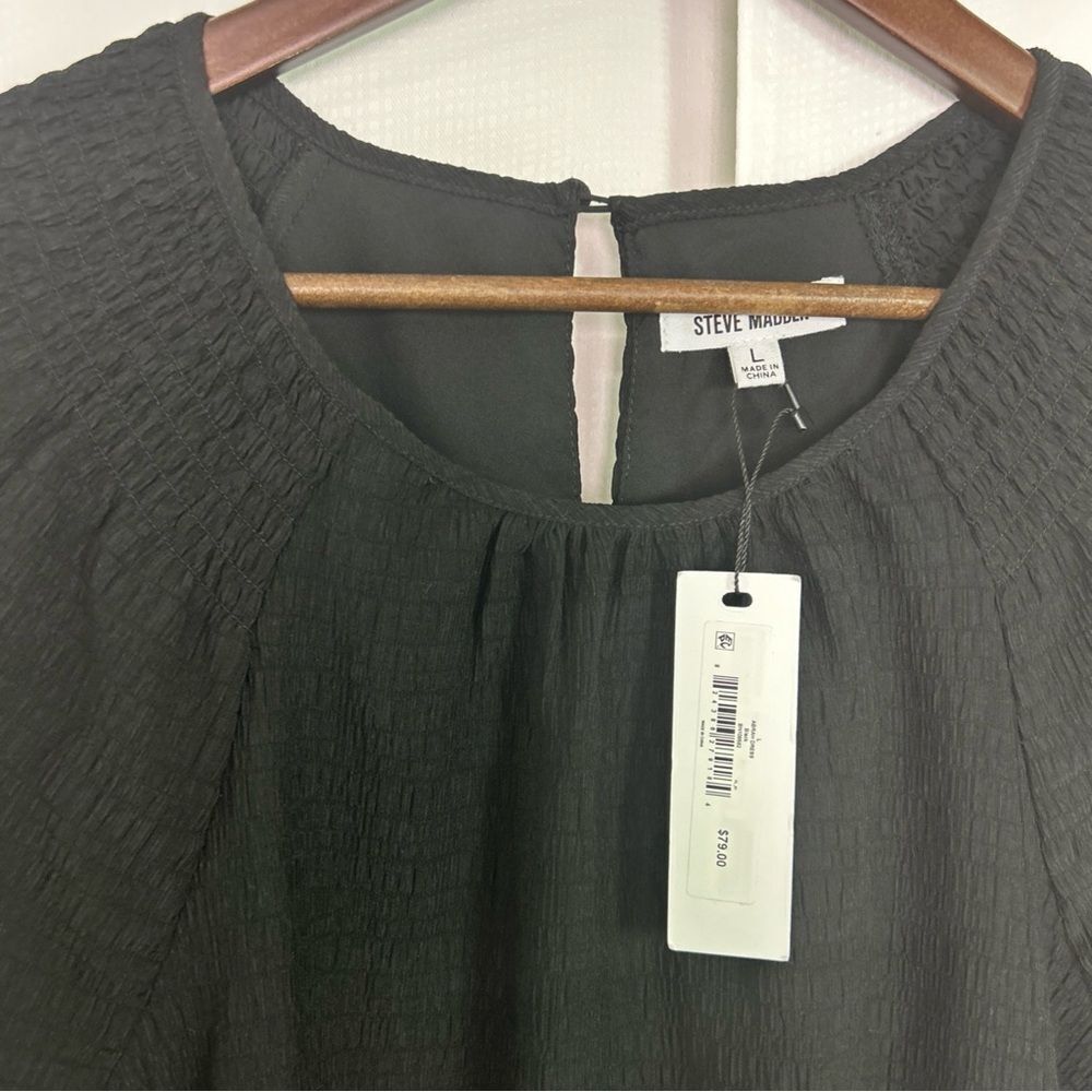 Steve Madden Black Abrah Textured A-Line Dress Size Large Puffed Sleeves Lined - Picture 4 of 9